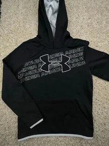 Under Armour Hoodie Youth XL YXL Black Pullover Fleece Lined White Trim Boys - Picture 1 of 8