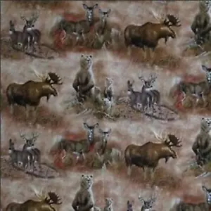 BTY Northern Rim Moose Bear Brown Grassy Field Cotton Fabric by the yard - Picture 1 of 2