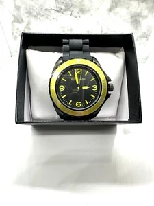 NEW Rousseau 9356-YLW Men's Reiser Collection Yellow Bezel Black Silicone Watch - Picture 1 of 7