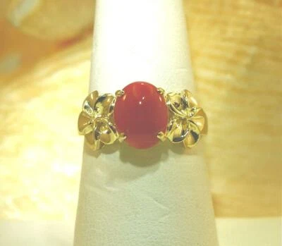 Anillo Hawaiano Oro Amarillo 14k Brillante Plumeria Natural Ovalado Cabujón Coral Rojo 6-9 Foto 1 de 4
