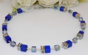 Halskette Würfel Cube Cat Eye 8mm Royal Blau Kristallglas Apricot Strass 510t - Bild 1 von 12