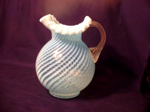 Large Gorgeous Vintage Fenton Blue Opalescent Spiral 80 Oz. Water Pitcher Mint - Picture 1 of 4