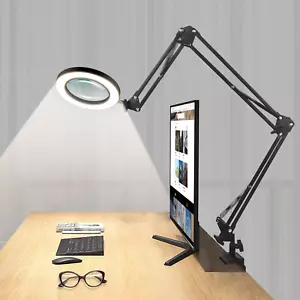 Magnifying Glass Desk Lamp with 3-Section Swing Arm and Big Clamp, Magnifying Gl - Picture 1 of 12