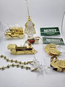 8 Vintage Golden Metal Ornaments Lot Midwest Of Cannon Falls Trains Swans Car - Picture 1 of 10