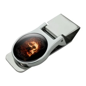 Clip para dinero de metal enchapado en cromo satinado diseño calavera de fuego llameante - Imagen 1 de 4