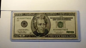$20.00 Federal Reserve Note Low Serial Number AC 00007763 D - Picture 1 of 3