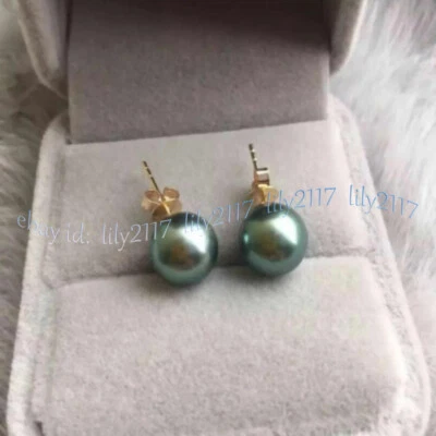 11-12mm Round AAA Black Green Real Natural Tahitian Pearl Stud Earrings 14K Gold - Image 1 of 4