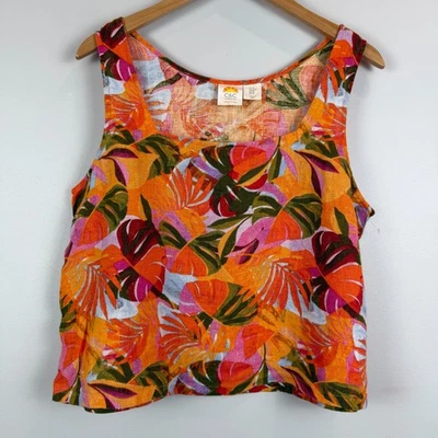 C&C California Tank Top Women's M Orange Leaf Print 100% Linen Tropical Resort - Image 1 of 4