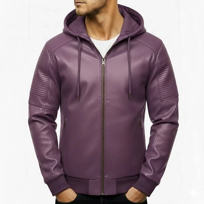 Jaqueta de motociclista masculina de couro de cordeiro casual slim fit Helloween clássica com capuz fit - Imagem 1 de 4