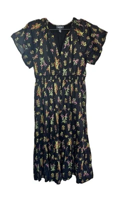 ModCloth Black Floral Midi Elasticated Waist Dress Size Large - Image 1 of 4