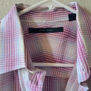 Perry Ellis Men's Large Button-Up Long Sleeve Dress Shirt Blue/Gray Plaid - Picture 1 of 4