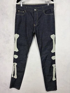 MNML Skeleton Jeans Mens 36x33 Stretch Bones Patch Straight Leg Dark Wash Stitch - Picture 1 of 12