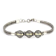 925 Sterling Silver Double Byzantine Chain Bracelet with 18K Gold Accents