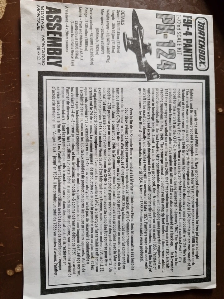 Instructions sheet for 1/72 Matchbox F9F-4 Panther  - Image 1 of 1