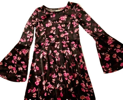 Vestido Ella Moss Niñas Talla 12 Negro Rosa Estampado Floral Terciopelo con Manga Campana Foto 1 de 4