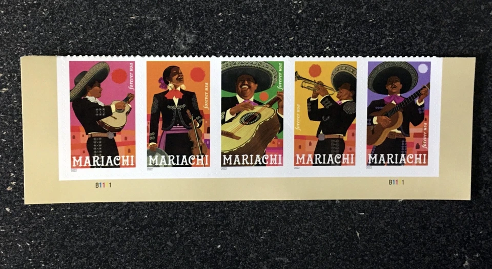 2022USA #5703-5707 Forever Mariachi - Bottom Plate Strip of 5  mint - Image 1 of 1
