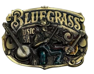 Vtg Belt Buckle Bluegrass Music Made In USA W/ Color Inlay Banjo And Fiddle - Picture 1 of 8