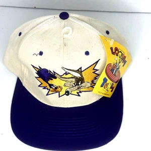 Vintage 1994 Looney Tunes Hat Wile E Coyote Road Runner NWT Off White Purple - Picture 1 of 6
