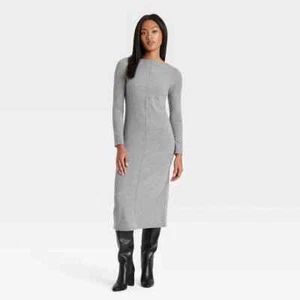 NWT A New Day Women's XL Gray Long Sleeve Knit Midi Shift Dress Slit Back - Picture 1 of 11