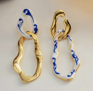 Anthropologie Asymmetrical Earrings Hoop White Blue Boho Gold Stud Enamel 18k - Picture 1 of 11