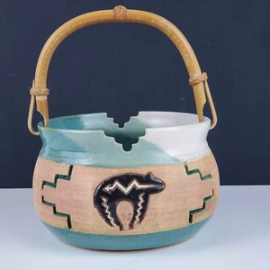 6in Basket Ceramic Reticulated Southwestern Decorative Bear Rattan Handle - Picture 1 of 6