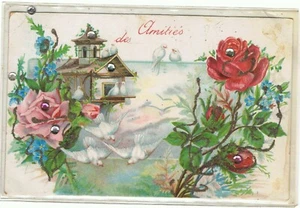 Antike Carte Postal Amities Des... mit Glitzer und hübschen Steinen verschickt - Bild 1 von 2