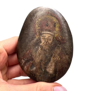 Rare 19th C. Hand-Painted Of Stone Icon of Saint Nicholas Antique Religious Art - Picture 1 of 8