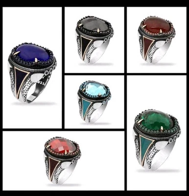 Anillo de plata de ley 925 para hombre con piedra de circón azul - hecho a mano estilo otomano Foto 1 de 4