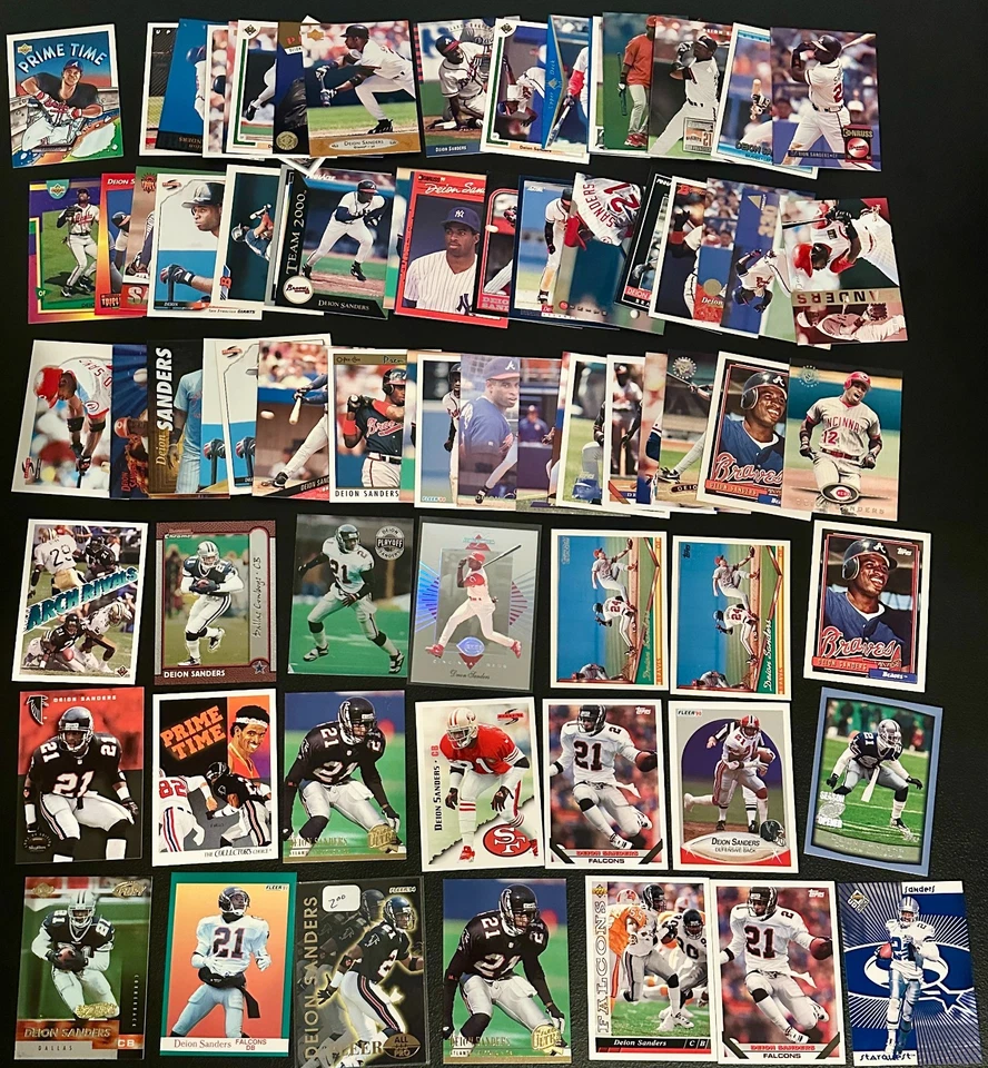 Lote de 75 insertos diferentes de tarjetas de fútbol americano y béisbol DEION SANDERS PATIO AÑOS 90 Foto 1 de 1