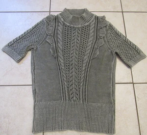 WHITE HOUSE BLACK MARKET Open Knit Army Green Fade Wash Ruffle Cable Sweater L - Picture 1 of 3