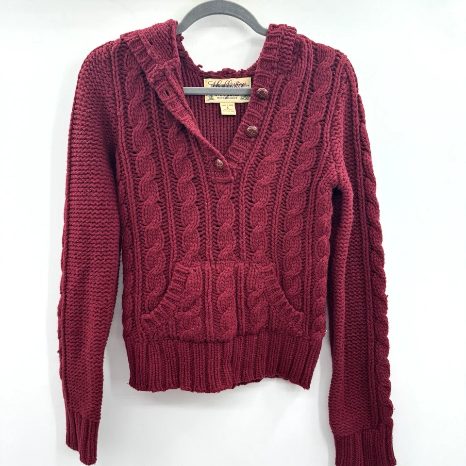 Hollister Y2K Wool Cable Knit Hoodie Sweater Sz L Dark Red Slim Preppy Grunge - Image 1 of 4