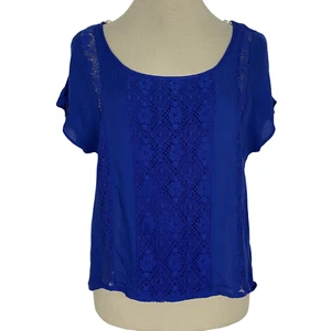Eyeshadow Junior Shirt Crop Short Sleeve Lace Detail Keyhole Back Blue Size M - Picture 1 of 5