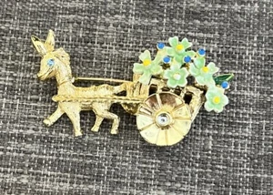 Vintage Donkey Pulling Flower Cart Brooch - Picture 1 of 2