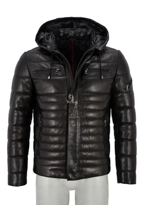 Men Puffer Leather Jacket Black Hooded Real Lambskin Quilted Sport Hoodie Jacket - Image 1 of 4