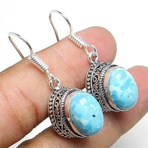 Blue Larimar Gemstone Handmade 925 Sterling Silver Jewelry Earring Sz 1.4" - Picture 1 of 1