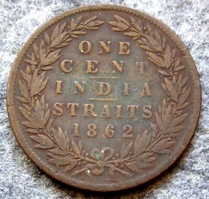 STRAITS SETTLEMENTS British Malaysia QUEEN VICTORIA 1862 ONE CENT, COPPER - Picture 1 of 6