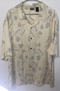 AXIST 100% Silk Shirt Adult 2XL XXL Yellow Gray Floral Leaf 90s Mens Hawaiian - Picture 1 of 6