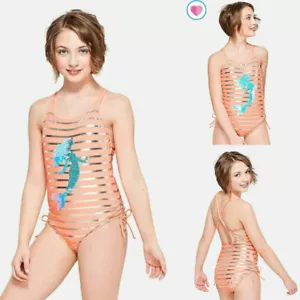 JUSTICE Girls One-piece Swimsuit Sequin Flip Mermaid in Tangerine Size 12 NEW - Picture 1 of 11
