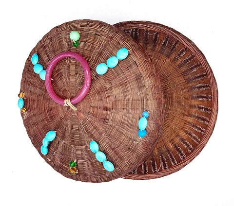 Chinese Sewing Basket Rare Turquoise Colored Glass Beads Large 10" Wide Antique Cover