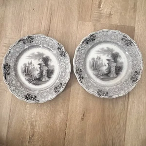 2 PCs 1800s CHANTILLY Flow Black Transferware Ironstone 9" Plates Antique Rare - Picture 1 of 7