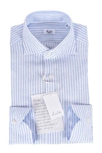 NEW FRALBO NAPOLI handmade linen shirt 42 - 16 1/2 Modern FIT blue striped - Picture 1 of 6