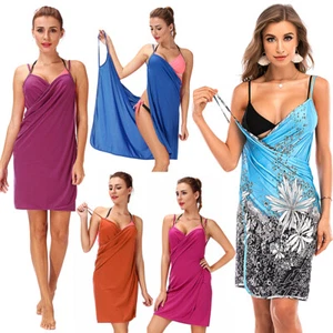 Womens Beach Cover Up Spaghetti Strap Sarong Backless Wrap Midi Dress Plus Size - Picture 1 of 16