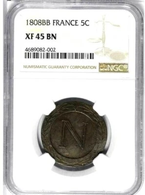 1808 BB Francia 5 céntimos, NGC XF 45, tipo escaso, buen ejemplo Foto 1 de 2