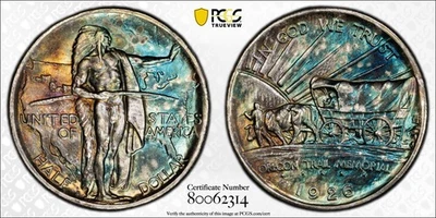 1926 S Oregon Trail Commemorative Half Dollar 50C PCGS MS 65 (INSANE TONING!!!!) - Image 1 of 4