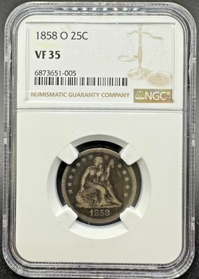 Cuarto de plata libertad sentada 1858-O NGC VF35 10XAB25 Foto 1 de 4