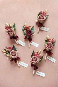 Lings Moment Romantic Marsala Boutonnieres Set Of 6, With Pins - Picture 1 of 3