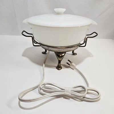 Cazuela vintage Anchor Fire King 1,5 cuartos de galón con calentador eléctrico buffet trivet trabajo Foto 1 de 4