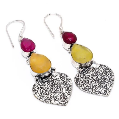 Blu Finto, Rosso Giada 925 Sterling Argento Gioielli Orecchino - Immagine 1 di 4