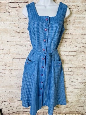 Vintage 50-60's Blue Sun Dress Full Skirt Front Pockets Dress Suer Cute Sz 12 - Image 1 of 4