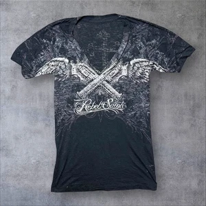 Rebel Saints Winged Cross Gun Tee Vintage USA-Made Biker Graphic Womens Large - Picture 1 of 6